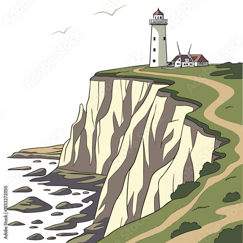A picturesque cartoon illustration of a tall white lighthouse standing on a grassy cliff overlooking the sea with two birds flying