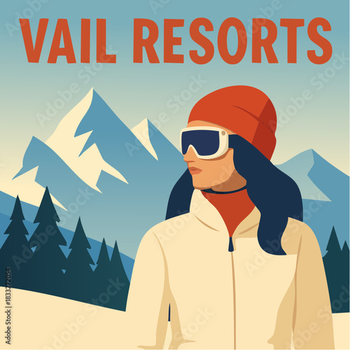 vail gaze and alpine gear: stylized winter figure with red beanie and snowy peaks