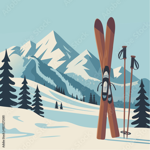 alpine stillness and snowy gear: stylized mountain scene with crossed skis and evergreen forest
