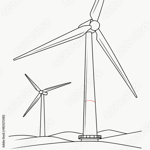 Two wind turbines stand tall on rolling hills under a clear sky representing renewable energy and sustainable power generation