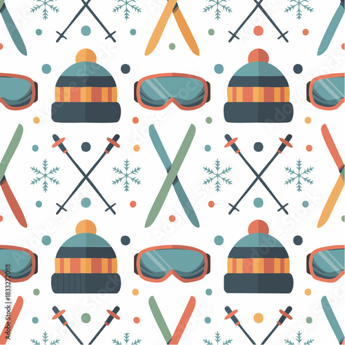ski gear and snowflake scatter: seamless winter sports pattern with goggles, poles, and pom-pom hats
