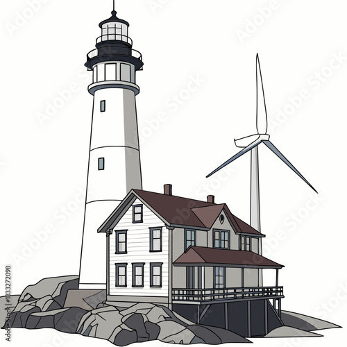 A tall white lighthouse stands beside a traditional house on rocky terrain with a wind turbine in the background