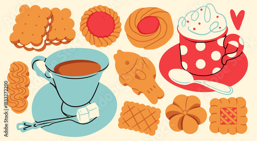 Various tasty crispy Cookies. Different biscuits, shortbread cookies, coffee mug with whipped cream, tea cup, sugar cubes, spoon. Bakery, dessert, sweets concept. Hand drawn Vector illustration