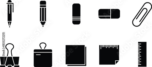 Office supplies and stationery glyph icon set