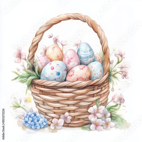 Delicate Watercolor Easter Basket Abundant with Colorful Eggs