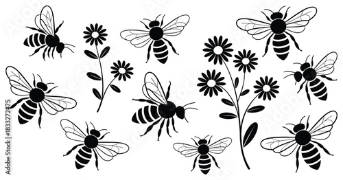 Flying Bee Silhouettes with Detailed Wings and Flower Interaction in a Pollination Scene Vector Illustration for Spring Wildlife Design on White Background
