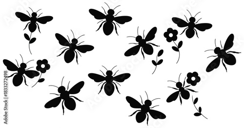 Flying Bee Silhouettes with Detailed Wings and Flower Interaction in a Pollination Scene Vector Illustration for Spring Wildlife Design on White Background