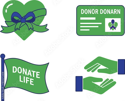 Organ Donation Icons Heart with Ribbon, Donor Card, Donate Life Flag, Interconnected Hands