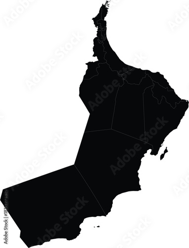 Detailed vector map of Oman simple black silhouette with administrative regions isolated on white b