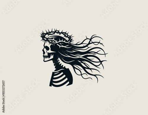 Detailed black and white vector skull adorned with a painful thorny crown. Dark gothic concept