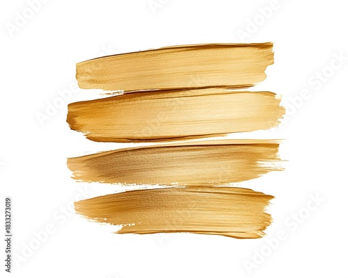 Four horizontal thick strokes of metallic gold paint are displayed against a pure white background.
