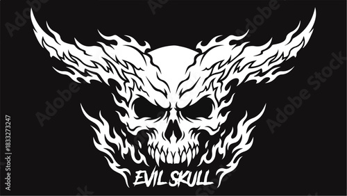 Evil Skull with Flames and Horns Graphic Design.