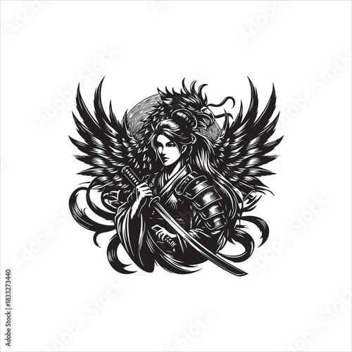 Winged Warrior Logo Vector Samurai Woman with Sword Illustrations