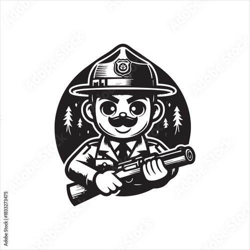 Vintage style forest ranger character logo vector illustrations, a monochrome outdoor protector with a firearm, perfect for nature and park themes