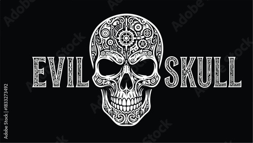 Intricate Evil Skull Design with Decorative Patterns.