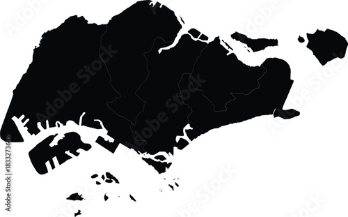 Detailed vector map of Singapore black silhouette outline isolated on white background