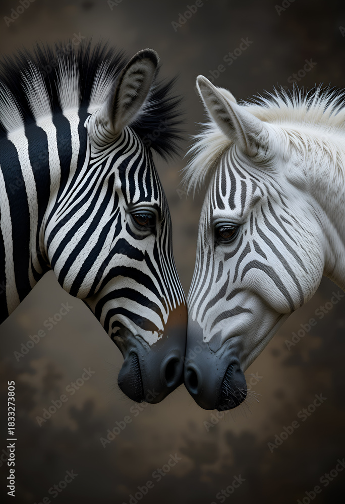 Obraz premium beautiful fine art double portrait of zebra against grey background. Digital artwork. Ai generated