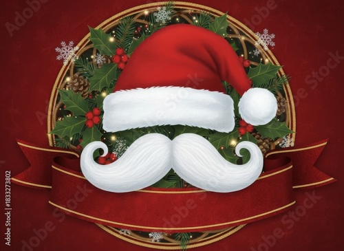 Festive Santa Claus hat and mustache with holly, berries, pinecones, snowflakes, and a red ribbon on a red background