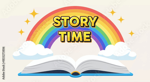 Story time graphic featuring an open book under a bright rainbow