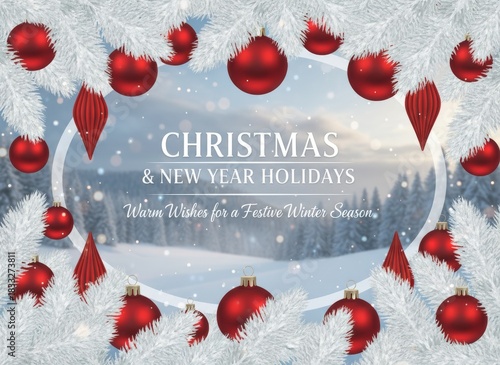 Festive Winter Wishes: Red Ornaments and Snowy Branches for Christmas and New Year Holidays Celebration