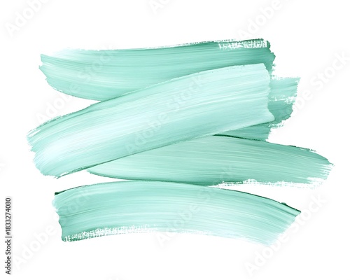 Multiple overlapping strokes of pale mint green paint are displayed against a stark white background