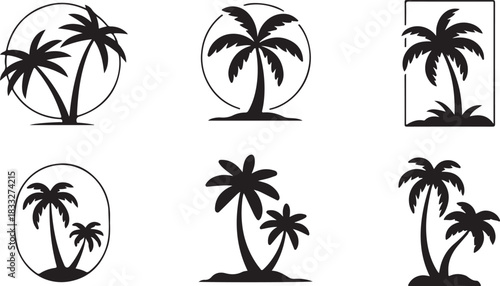 Collection of silhouette palm tree icons and logos for tropical designs