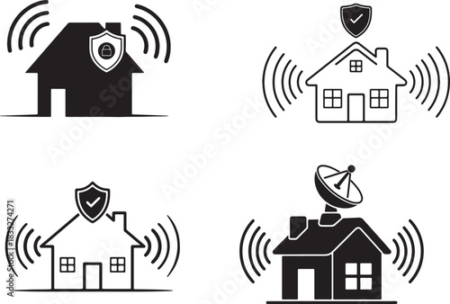 Smart Home Security and Wireless Connectivity Vector Icons Set: Protected House, Wi-Fi Signal, and Satellite Dish Graphics Collection