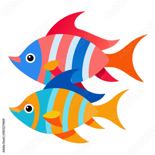 Two colorful striped fish swimming together underwater