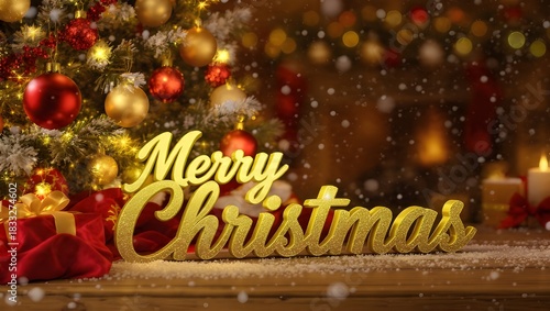 Cozy Christmas Wishes: A warmly lit Christmas scene where the golden Merry Christmas script takes center stage. The festivity is alive with festive decorations and a cozy feel.