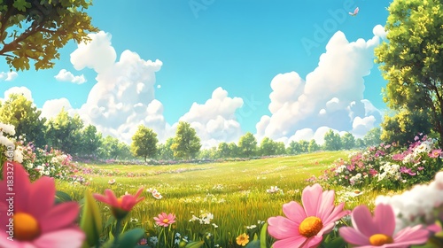 Lush green meadow unfolds beneath a bright blue sky filled with voluminous white clouds