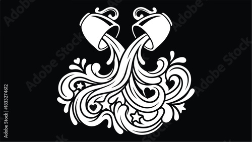 Aquarius Zodiac Sign Symbol Illustration with Flowing Water and Stars.