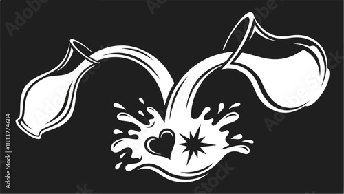 Two pitchers pouring liquid into a splash with heart and star.