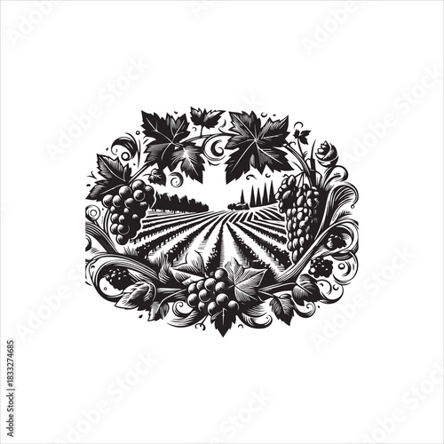 Detailed Vineyard Logo Vector Illustration with Vintage Grapevines and Rolling Hills, Perfect for Winery Branding or Rustic Designs
