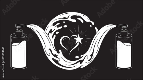 Two Soap Dispensers Pouring Liquid into a Heart Shape with Star.