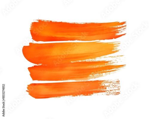 Several thick horizontal strokes of bright orange pigment are displayed against a white background