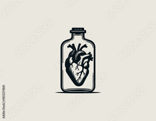 Anatomically correct human heart carefully preserved inside a clear glass jar. Medical study concept