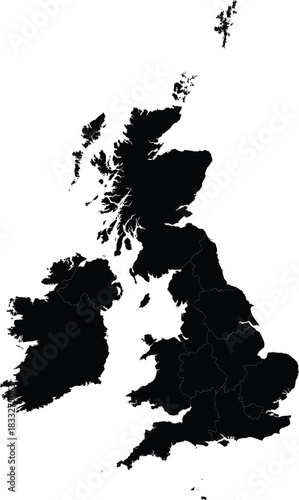 Detailed vector map of the United Kingdom black silhouette on white background for infographic use