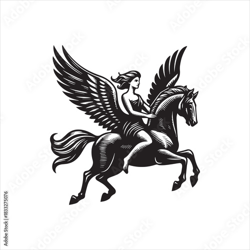 A classic mythological design of a woman riding a winged horse, fantasy art vector illustrations perfect for a logo. 63