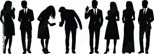 Elegant group of business professionals in silhouette posing together, formal attire, corporate teamwork concept, stylish standing figures for creative design projects