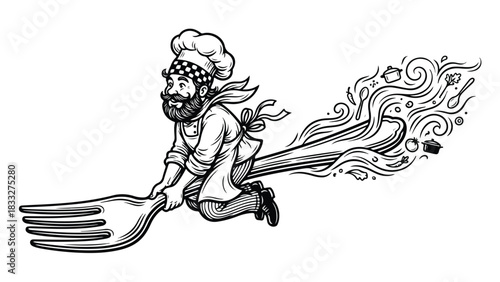 Chef Riding Giant Fork with Food Steam Illustration.