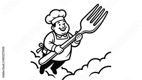Cartoon Chef Flying with Giant Fork.
