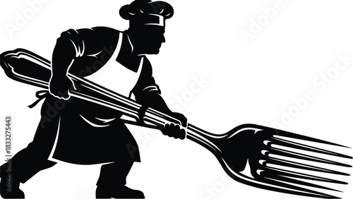 Chef Carrying Giant Fork.