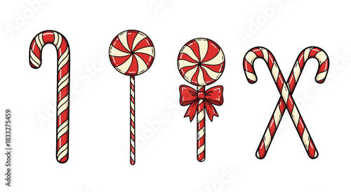 A festive, hand-drawn set of classic Christmas candy, including candy canes and red and white striped swirl lollipops.