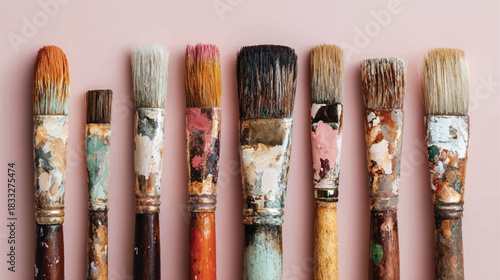 Artist Paintbrushes with Colorful Paint on a Pink Background for Creativity
