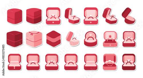 Large collection of red jewelry box stickers showing engagement rings, perfect for proposals, weddings, and anniversaries.