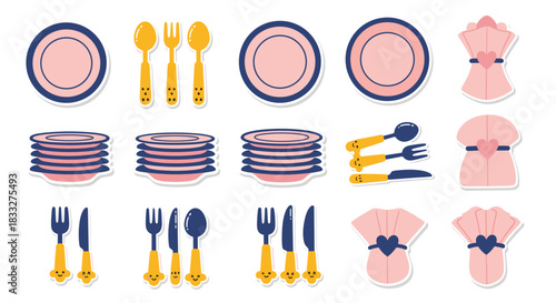 Cute sticker set for a romantic dinner, featuring plates, smiling cutlery, and folded napkins with heart-shaped rings.