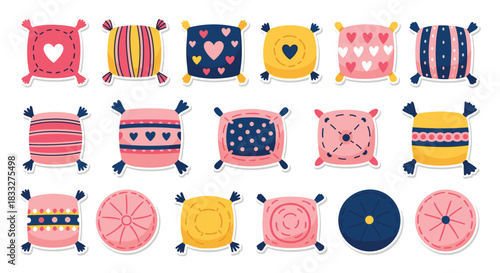 Cozy and cute collection of decorative pillow stickers with various patterns like hearts, stripes, and polka dots with tassels.