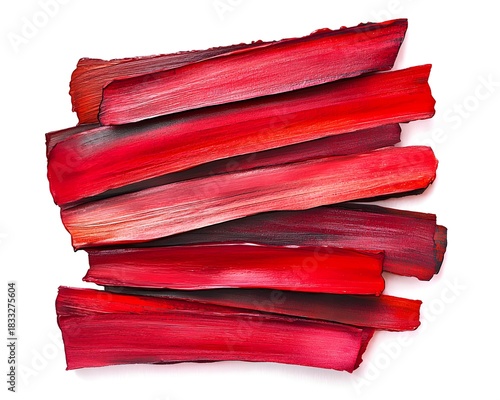 Multiple swatches of vibrant red cosmetic pigment create an abstract composition