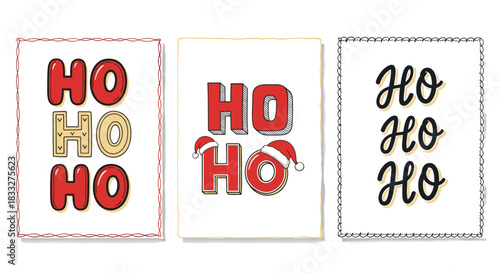 A festive set of three greeting card designs with 'HO HO HO' text in various fun fonts, some decorated with Santa hats.
