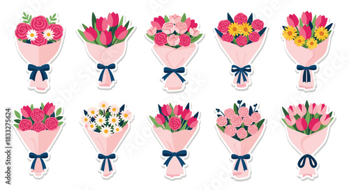 A beautiful collection of flower bouquet stickers, featuring tulips, roses, and daisies wrapped in pink paper with blue bows.